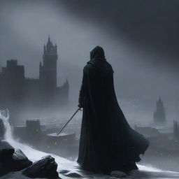 A panoramic view of a man in black robes and a worn cloak, holding a sword in his right hand, observing from afar a destroyed medieval city, while black snow falls from the sky