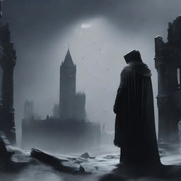 A panoramic view of a man in black robes and a worn cloak, holding a sword in his right hand, observing from afar a destroyed medieval city, while black snow falls from the sky