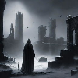 A panoramic view of a man in black robes and a worn cloak, observing from afar a destroyed medieval city, while black snow falls from the sky