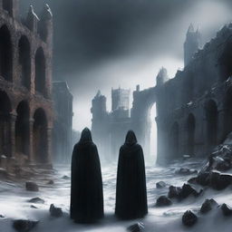 A panoramic view of a man in black robes and a worn cloak, observing from afar a destroyed medieval city, while black snow falls from the sky