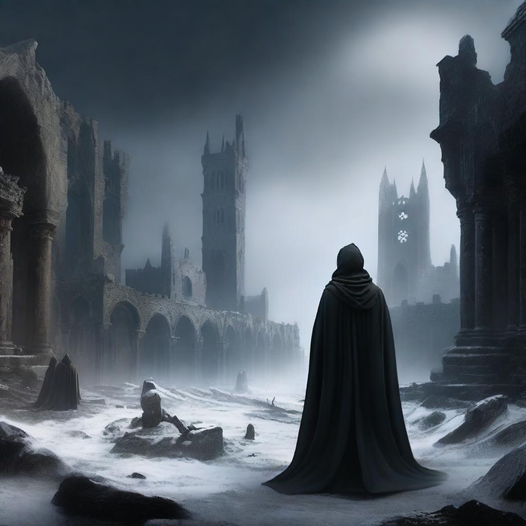 A panoramic view of a man in black robes and a worn cloak, observing from afar a destroyed medieval city, while black snow falls from the sky