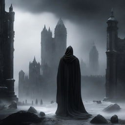 A panoramic view of a man in black robes and a worn cloak, observing from afar a destroyed medieval city, while black snow falls from the sky