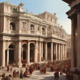 Create an artistic depiction of the bustling streets of ancient Rome during the Renaissance period