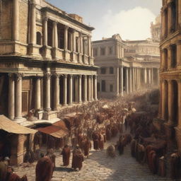 Create an artistic depiction of the bustling streets of ancient Rome during the Renaissance period