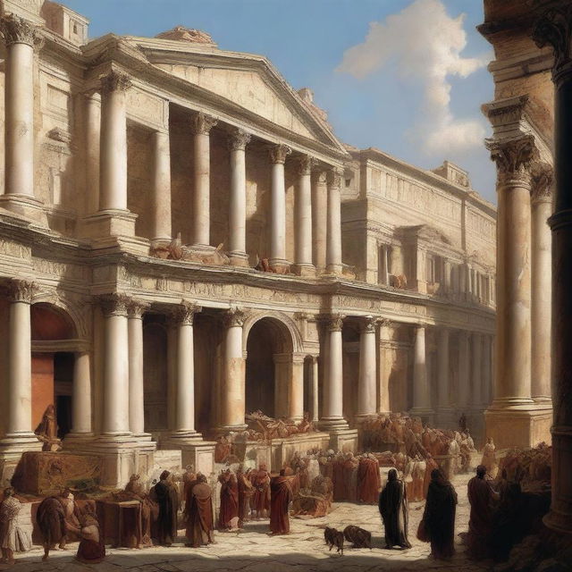 Create an artistic depiction of the bustling streets of ancient Rome during the Renaissance period