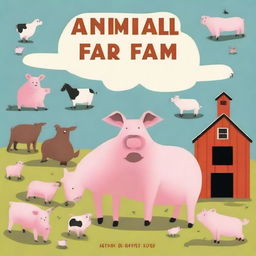 Create an image depicting the cover of the book 'Animal Farm' by George Orwell, with farm animals like pigs, horses, and sheep, demonstrating human-like characteristics