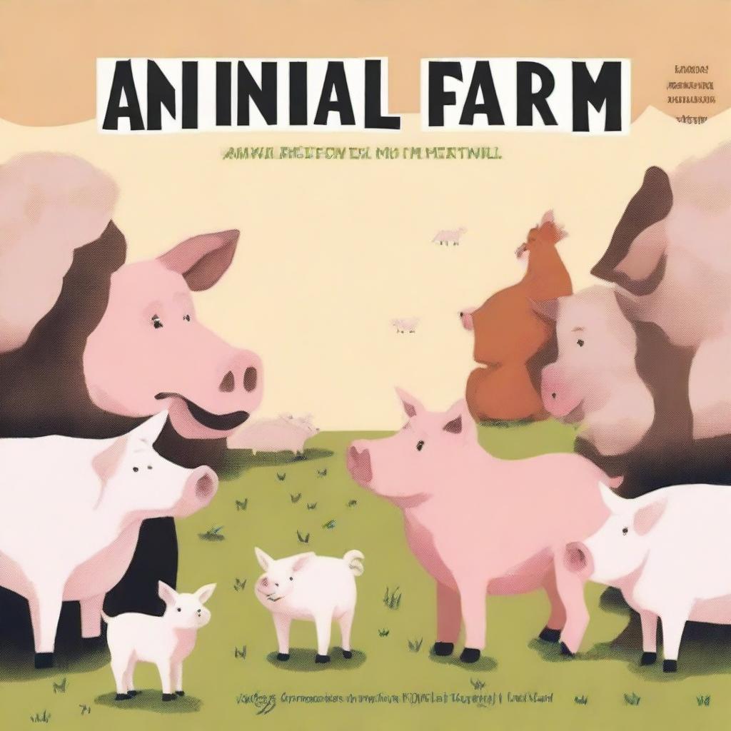 Create an image depicting the cover of the book 'Animal Farm' by George Orwell, with farm animals like pigs, horses, and sheep, demonstrating human-like characteristics