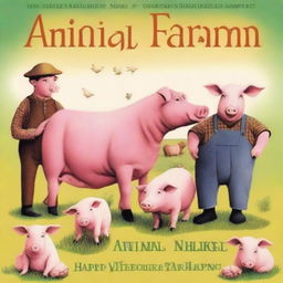 Create an image depicting the cover of the book 'Animal Farm' by George Orwell, with farm animals like pigs, horses, and sheep, demonstrating human-like characteristics