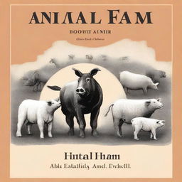 Create an image depicting the cover of the book 'Animal Farm' by George Orwell, with farm animals like pigs, horses, and sheep, demonstrating human-like characteristics