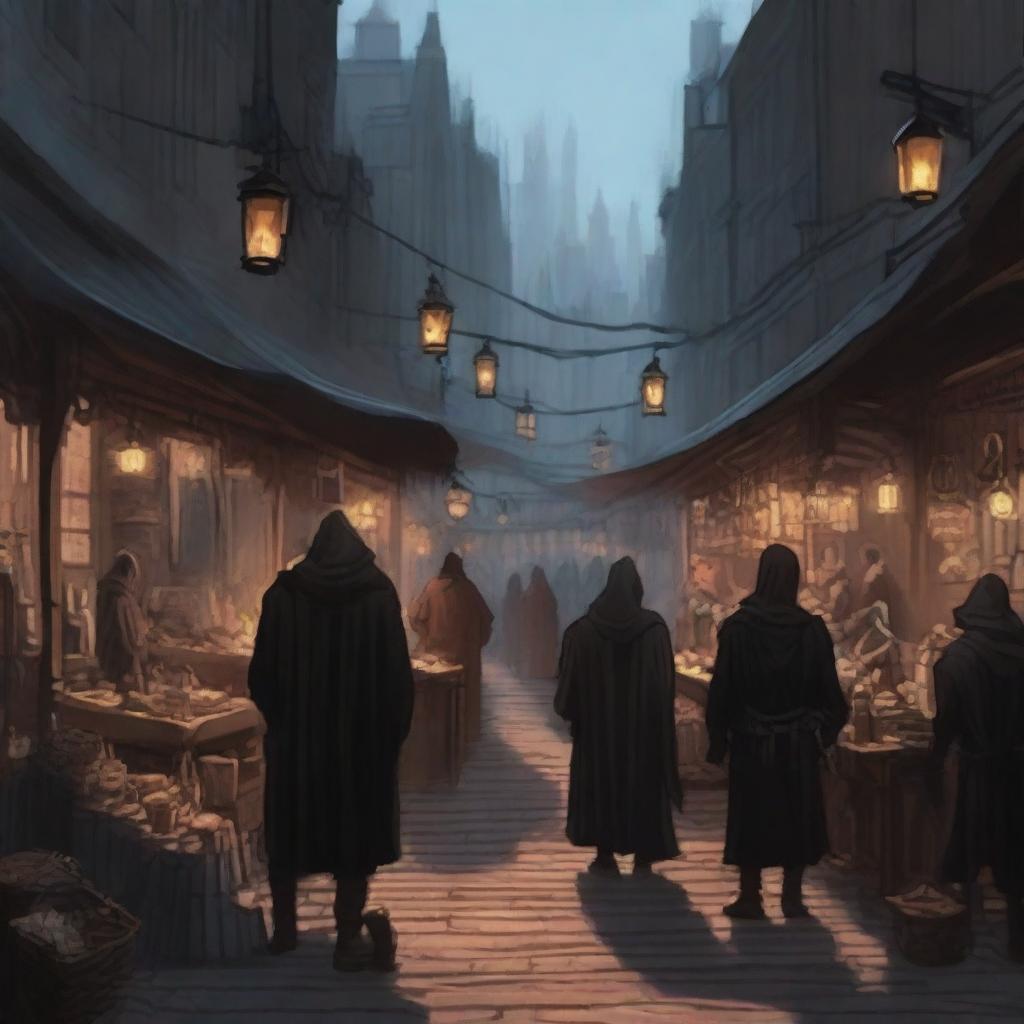 Generate an image of a bustling black market in the art style of Dungeons and Dragons