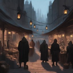 Generate an image of a bustling black market in the art style of Dungeons and Dragons