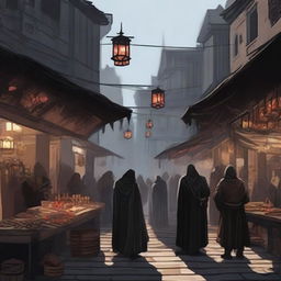 Generate an image of a bustling black market in the art style of Dungeons and Dragons