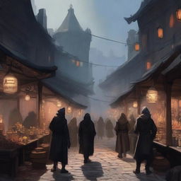 Generate an image of a bustling black market in the art style of Dungeons and Dragons