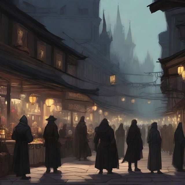 Generate an image of a bustling black market in the art style of Dungeons and Dragons