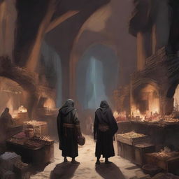 Generate an image of a bustling black market located within a cave in the art style of Dungeons and Dragons