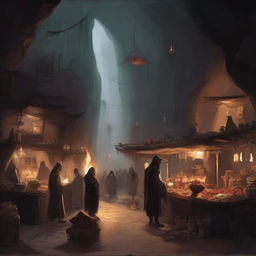 Generate an image of a bustling black market located within a cave in the art style of Dungeons and Dragons