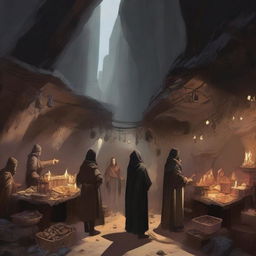 Generate an image of a bustling black market located within a cave in the art style of Dungeons and Dragons