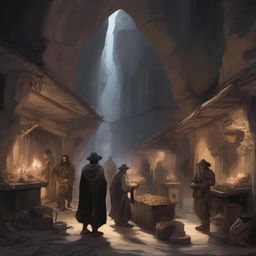 Generate an image of a bustling black market located within a cave in the art style of Dungeons and Dragons