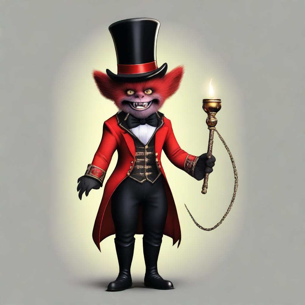 Generate an image of a small, well-dressed demon wearing a ringmaster's outfit