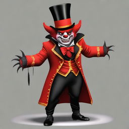 Generate an image of a small, well-dressed demon wearing a ringmaster's outfit