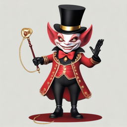 Generate an image of a small, well-dressed demon wearing a ringmaster's outfit