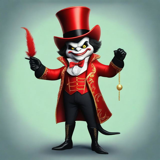 Generate an image of a small, well-dressed demon wearing a ringmaster's outfit