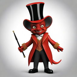 Generate an image of a small devil wearing a ringmaster's outfit