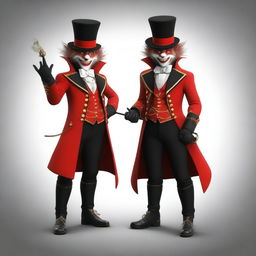 Generate an image of a small devil wearing a ringmaster's outfit