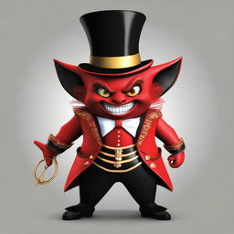 Generate an image of a small devil wearing a ringmaster's outfit