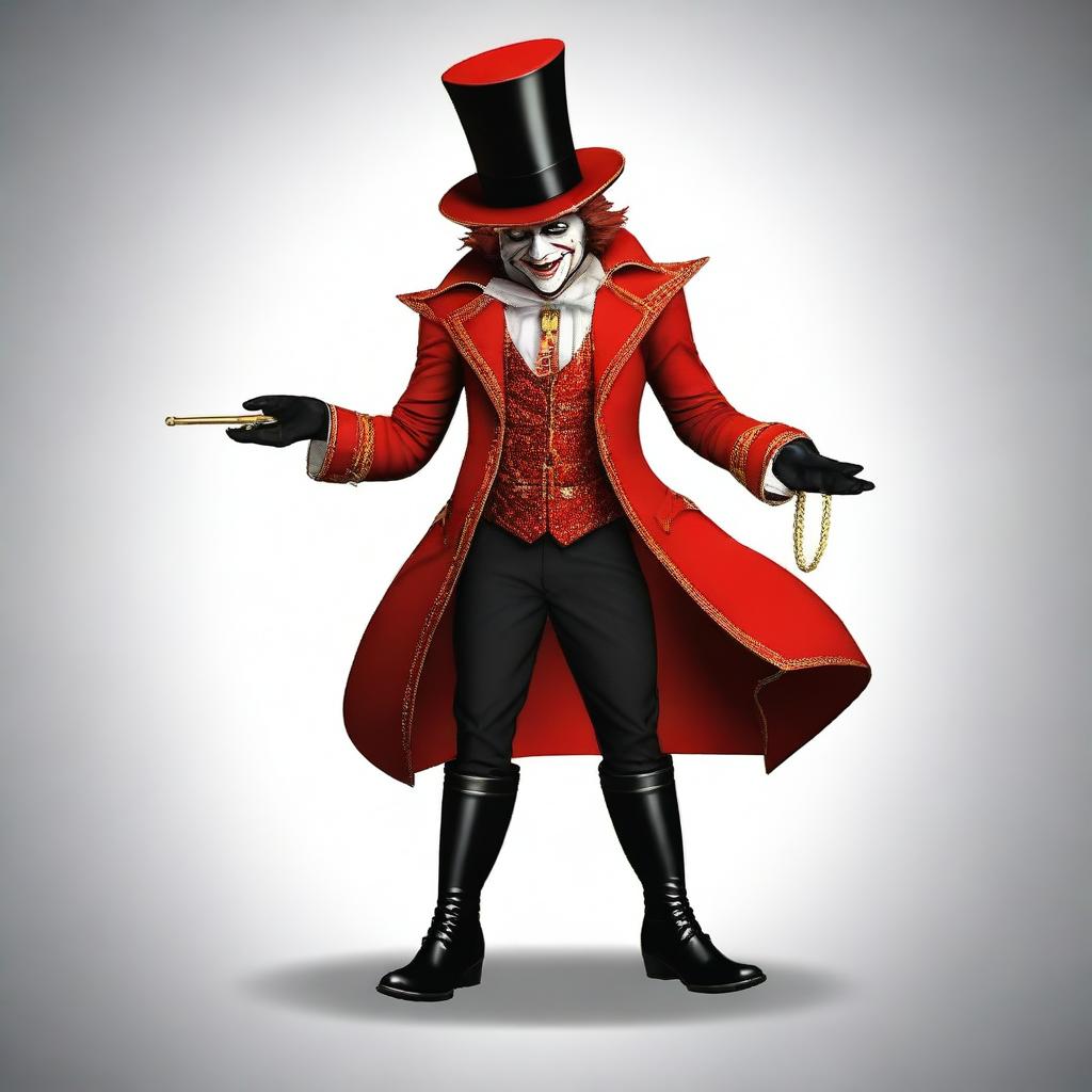 Generate an image of a small devil wearing a ringmaster's outfit