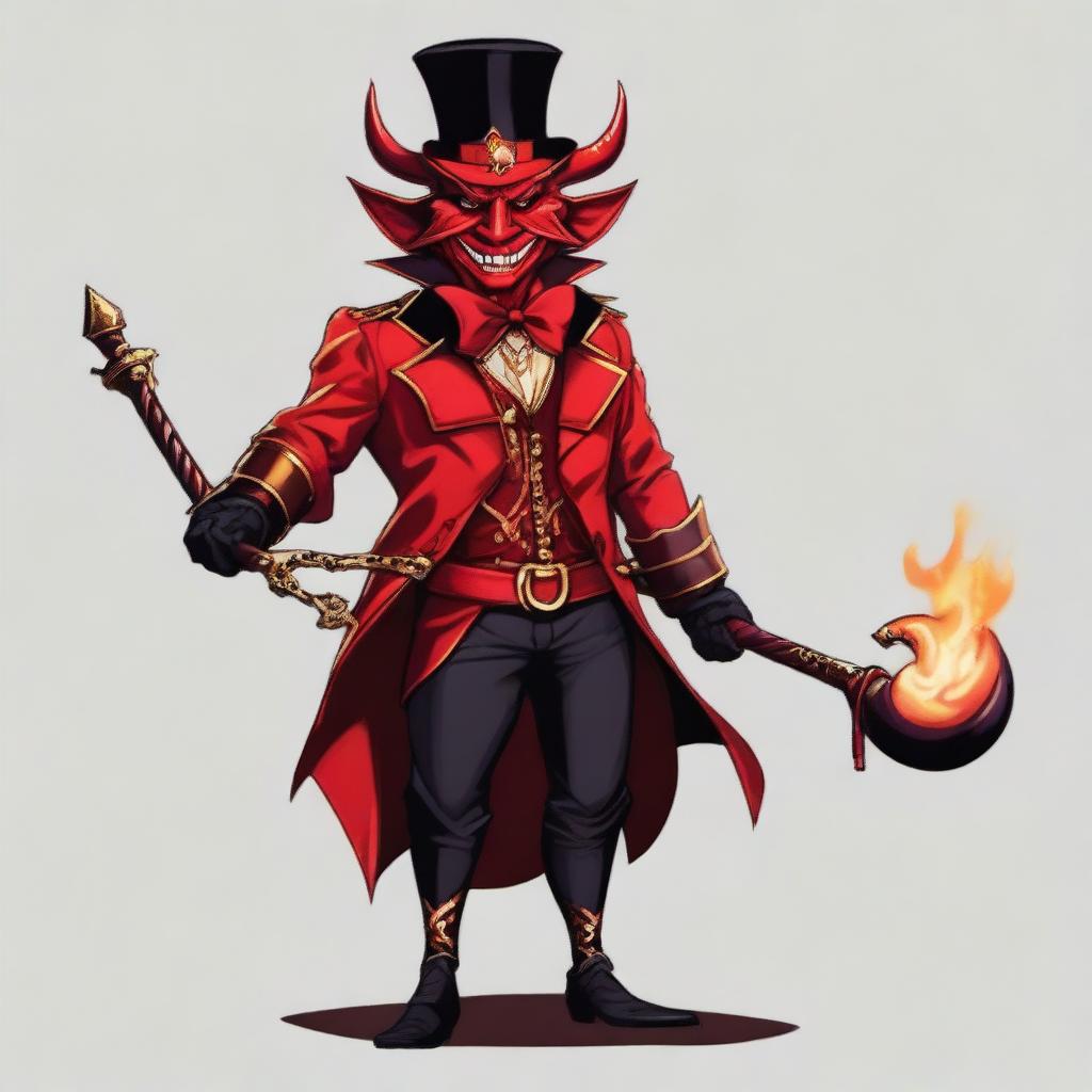 Generate an image of a small devil with horns, wearing a ringmaster's outfit, in the art style of Dungeons and Dragons