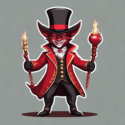 Generate an image of a small devil with horns, wearing a ringmaster's outfit, in the art style of Dungeons and Dragons