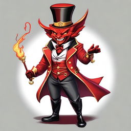 Generate an image of a small devil with horns, wearing a ringmaster's outfit, in the art style of Dungeons and Dragons