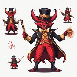 Generate an image of a small devil with horns, wearing a ringmaster's outfit, in the art style of Dungeons and Dragons