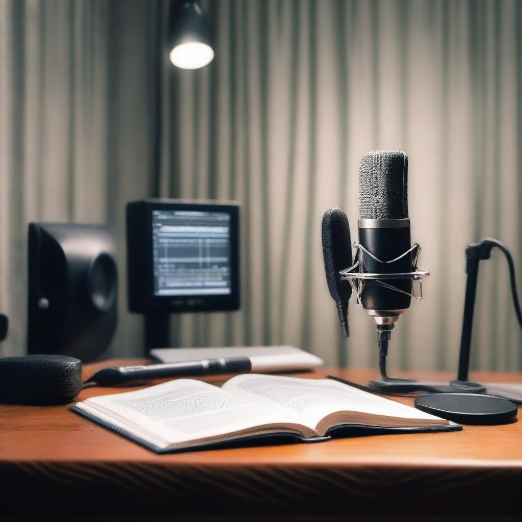 Create an image of a professional audio book recording setup