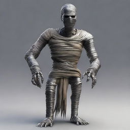 Generate an image of a mummy character from Dungeons and Dragons, but with a unique twist: one of its arms is made of silver