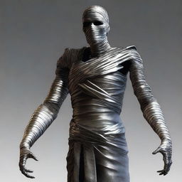 Generate an image of a mummy character from Dungeons and Dragons, but with a unique twist: one of its arms is made of silver