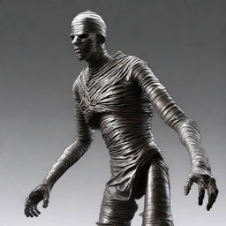 Generate an image of a mummy character from Dungeons and Dragons, but with a unique twist: one of its arms is made of silver