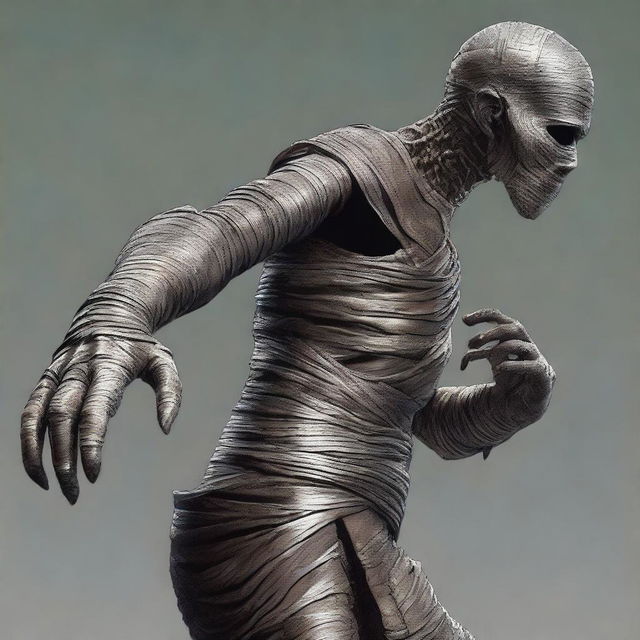 Generate an image of a mummy character from Dungeons and Dragons, but with a unique twist: one of its arms is made of silver