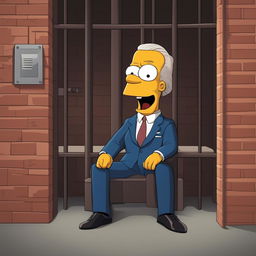 A light-hearted, cartoonish image of a caricature of Joe Biden sitting in a jail cell, wearing a suit and with a surprised expression