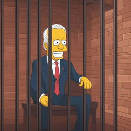 A light-hearted, cartoonish image of a caricature of Joe Biden sitting in a jail cell, wearing a suit and with a surprised expression