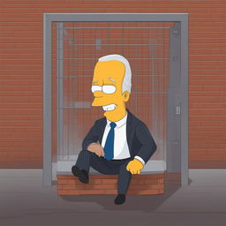 A light-hearted, cartoonish image of a caricature of Joe Biden sitting in a jail cell, wearing a suit and with a surprised expression