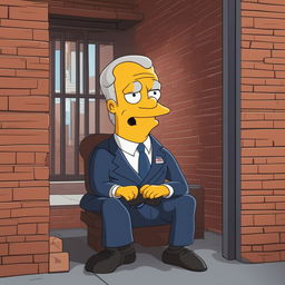 A light-hearted, cartoonish image of a caricature of Joe Biden sitting in a jail cell, wearing a suit and with a surprised expression