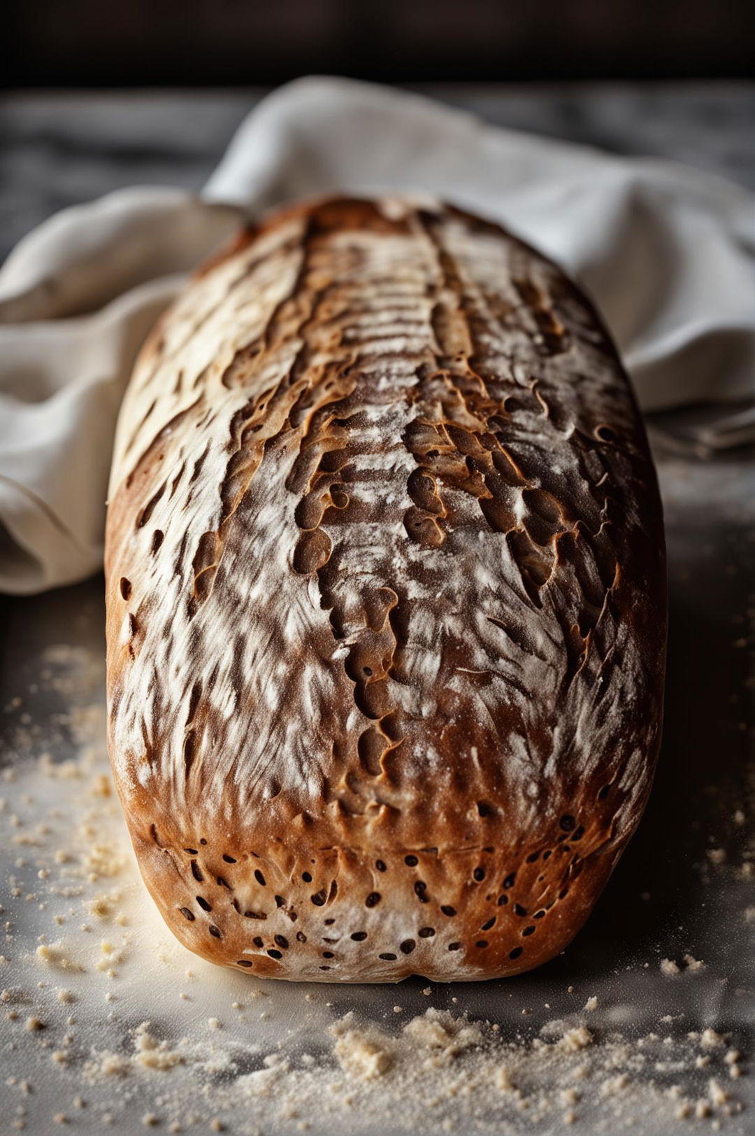 A super HD image of a fresh loaf of bread on a clean kitchen countertop.