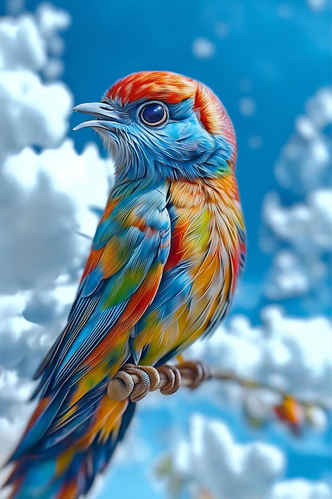 Create an image of a colorful bird perched on a tree branch, with a clear blue sky and a few fluffy white clouds in the background