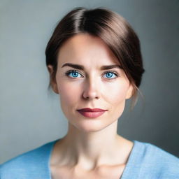 A portrait of a 28-year-old woman with short, straight brown hair and blue eyes