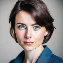 A portrait of a 28-year-old woman with short, straight brown hair and blue eyes