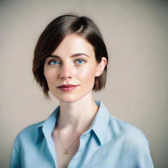 A portrait of a 28-year-old woman with short, straight brown hair and blue eyes