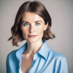 A portrait of a 28-year-old woman with short, straight brown hair and blue eyes