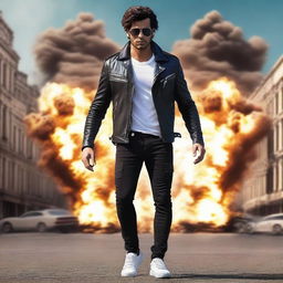 Render an image of Feroze Khan in a stylish leather jacket and shorts